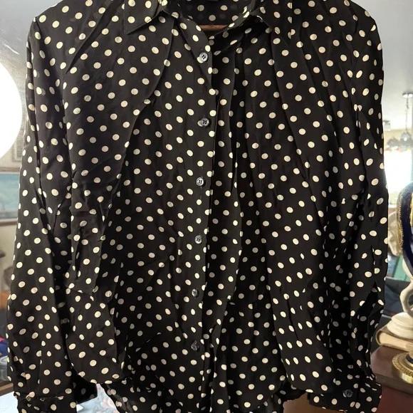 Magaschoni Black and Tan Polka Dot Button Up Long Sleeve Lightweight Blouse - Picture 6 of 8
